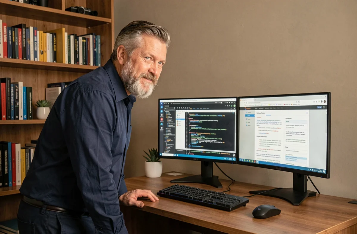 Informaticien travaillant sur deux écrans avec terminal et documentation dans un bureau à domicile