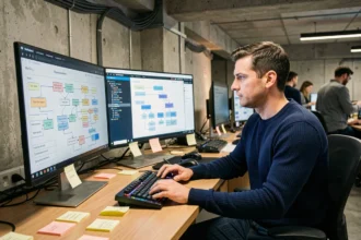 Ingénieur logiciel analysant des schémas de bases de données sur deux écrans dans un open space moderne