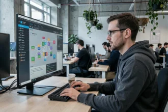 Ingénieur logiciel travaillant sur un tableau de bord Kubernetes avec des diagrammes de clusters et de nœuds sur un écran ultrawide dans un bureau tech moderne
