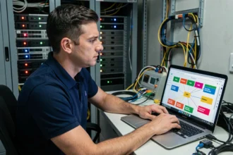 Ingénieur réseau configurant des VLANs sur un ordinateur portable dans une salle serveur avec baies de câblage