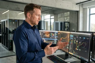 Ingénieur masculin travaillant sur plusieurs écrans dans un bureau technologique moderne illustrant les types de technologie numérique