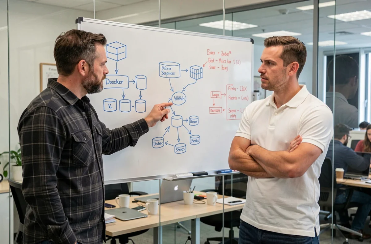 Deux ingénieurs DevOps discutant des différences entre Docker et Kubernetes devant un tableau blanc