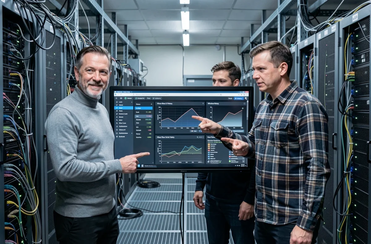 Deux ingénieurs en salle de serveurs analysant les performances de Linux par rapport à Windows