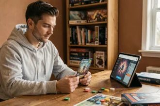 Homme jouant à un jeu de méta-quête hybride mêlant cartes physiques et application numérique sur tablette