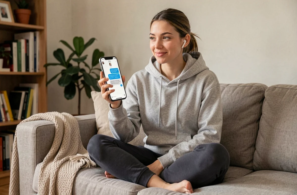Jeune femme chez elle avec des écouteurs utilisant l'application Blah Blah