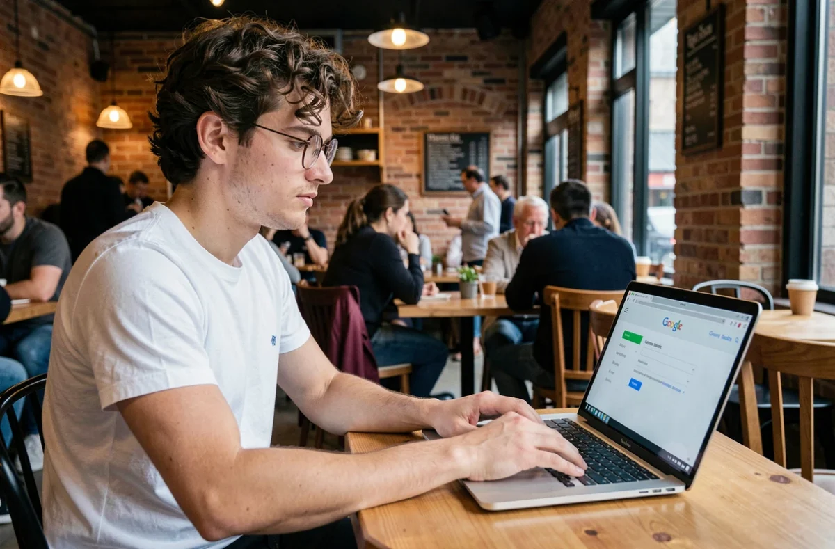 Jeune homme consultant les paramètres de sécurité de son compte Google dans un café urbain