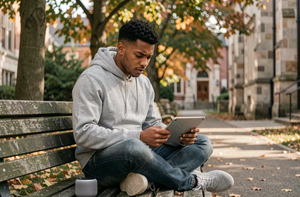 Jeune personne utilisant une tablette et une enceinte connectée en plein air sur un campus universitaire illustrant la technologie de communication