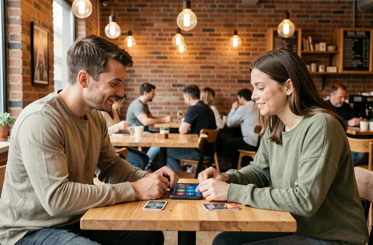 Deux joueurs adultes partageant une partie de jeu de méta-quête en cartes et application mobile dans un café urbain