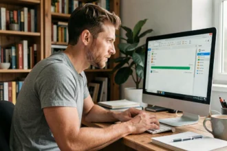 Homme utilisant un logiciel de conversion de fichiers gratuit sur son ordinateur de bureau à domicile