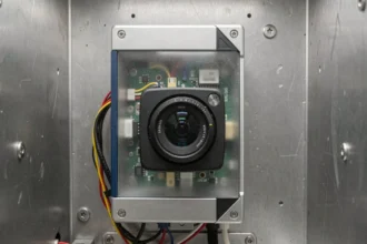 Mécanisme interne d'un photomaton avec module caméra numérique intégré et circuit électronique visible