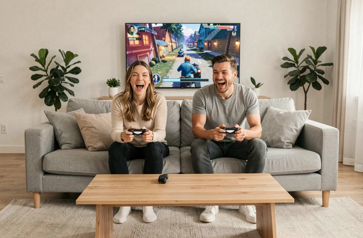 Couple jouant ensemble à un jeu vidéo en co-op sur canapé dans un salon moderne en 2026