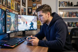 Joueur de jeux vidéo concentré devant son setup gaming en 2026, tenant une manette noire dans un bureau moderne