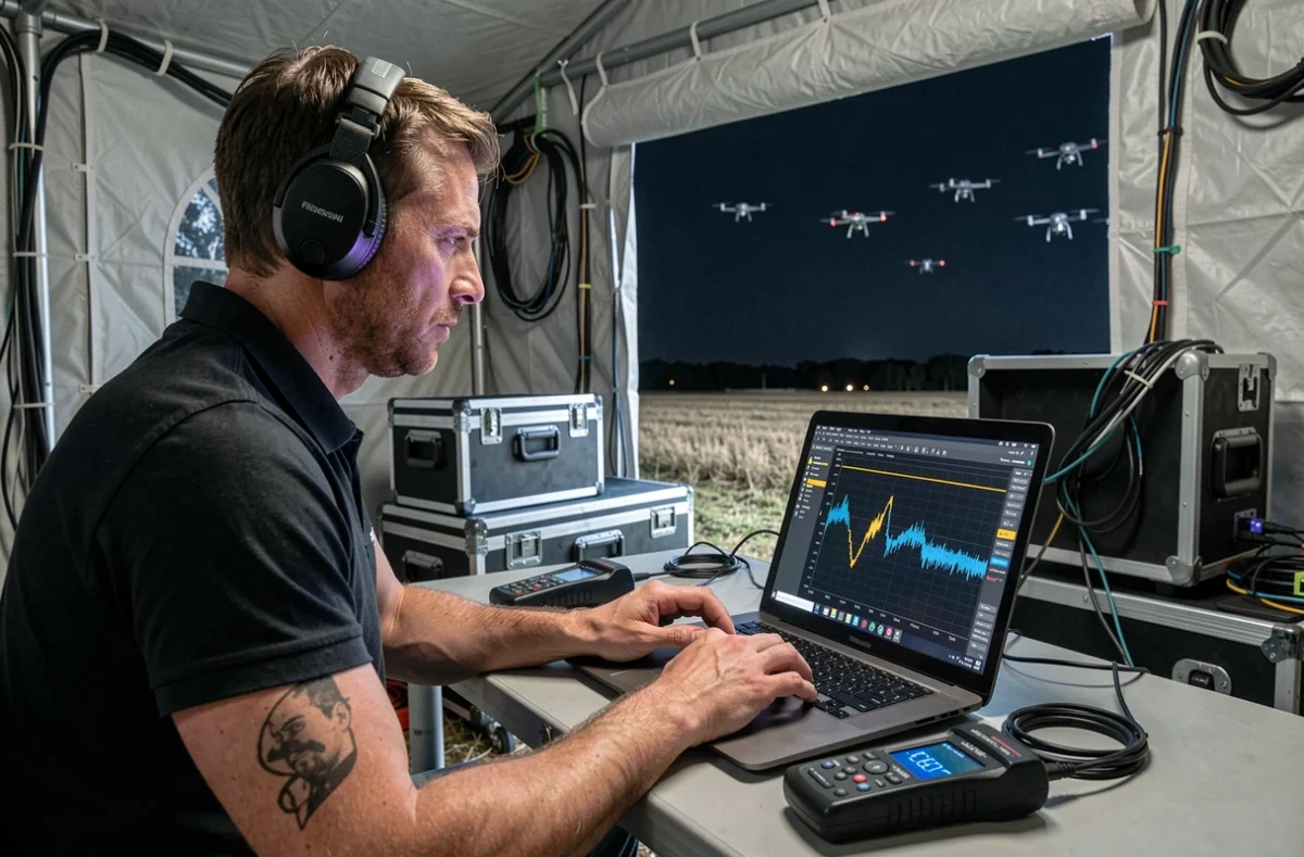 Ingénieur du son mesurant le niveau sonore d'un spectacle de drones avec un sonomètre et un ordinateur affichant des décibels