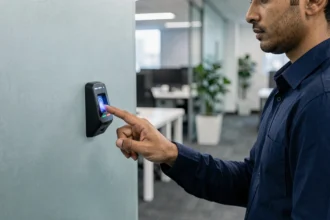 Professionnel utilisant un scanner d'empreinte digitale pour l'identification biométrique en entreprise