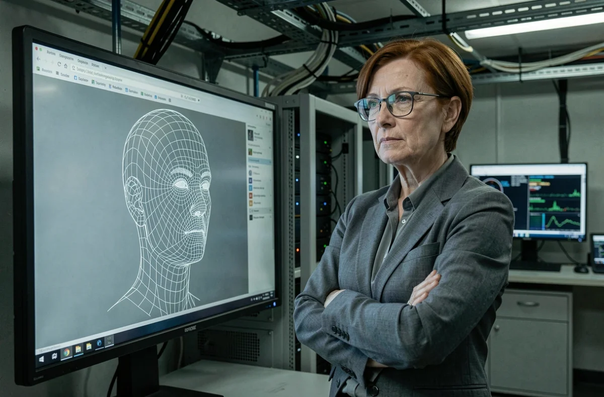 Chercheuse en sécurité analysant un modèle de reconnaissance faciale sur écran dans un laboratoire biométrique