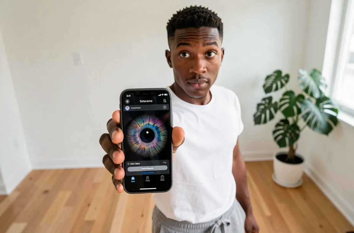 Jeune homme utilisant la reconnaissance de l'iris sur smartphone pour authentification biométrique à domicile