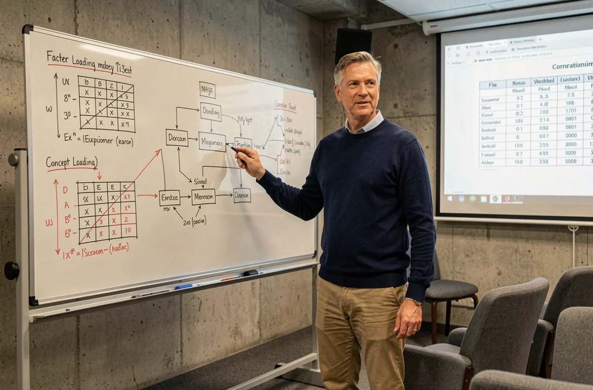 Professeur présentant un modèle d'équation structurelle et une matrice de corrélation sur un tableau en verre dans une salle de séminaire universitaire