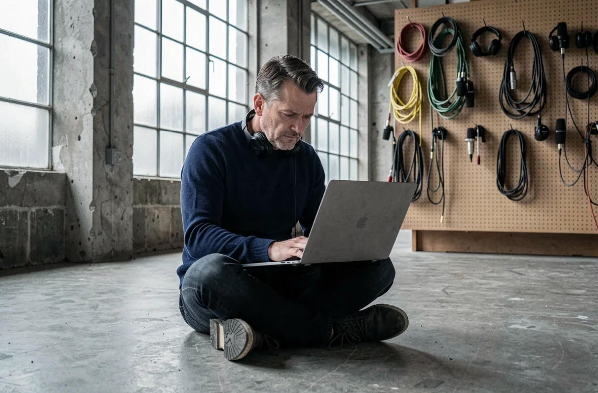 Homme en train de réviser une vidéo sur ordinateur portable dans un loft industriel avec accessoires audio visibles