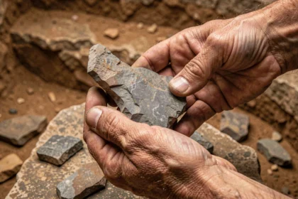 Mains tenant un outil préhistorique en silex taillé, symbolisant la première invention technologique de l'humanité