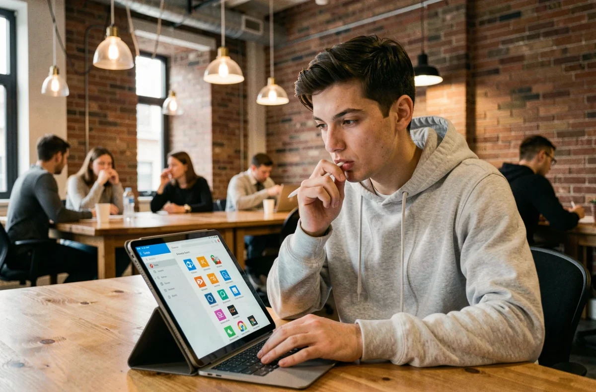 Jeune professionnel utilisant Outlook sur une tablette dans un espace de coworking moderne