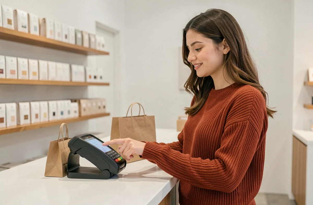 Jeune femme réglant un achat avec un paiement sans contact via smartphone en boutique