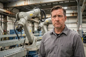 Ingénieur inquiet face à un bras robotique en panne dans une usine industrielle, illustrant les pannes et inconvénients des robots