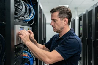 Technicien réseau examinant un pare-feu matériel installé dans un rack de serveurs en salle informatique
