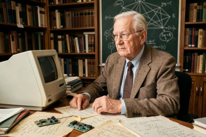Portrait d'un scientifique âgé considéré comme le père de l'intelligence artificielle, assis dans son bureau universitaire devant un ordinateur vintage entouré de manuscrits et de circuits électroniques