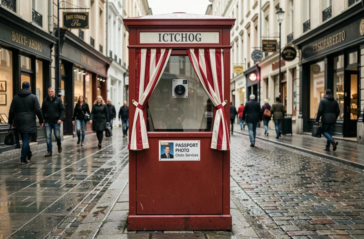 Photomaton classique installé sur un trottoir de ville européenne avec rideau et fenêtre de prise de vue visible