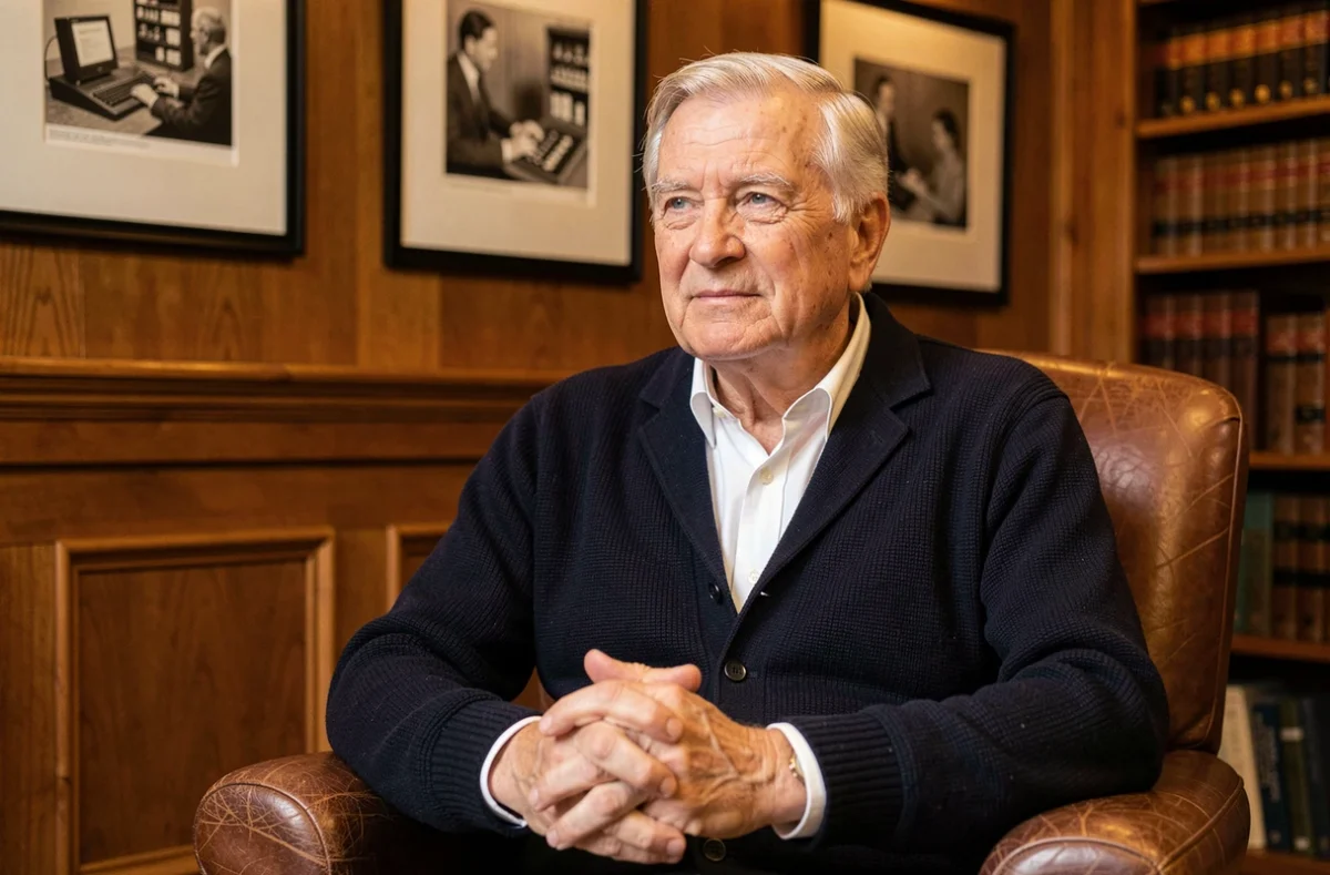 Portrait intime d'un pionnier académique de l'intelligence artificielle en fin de carrière, assis dans un fauteuil en cuir dans une salle commune universitaire historique, reflétant des décennies de recherche fondatrice