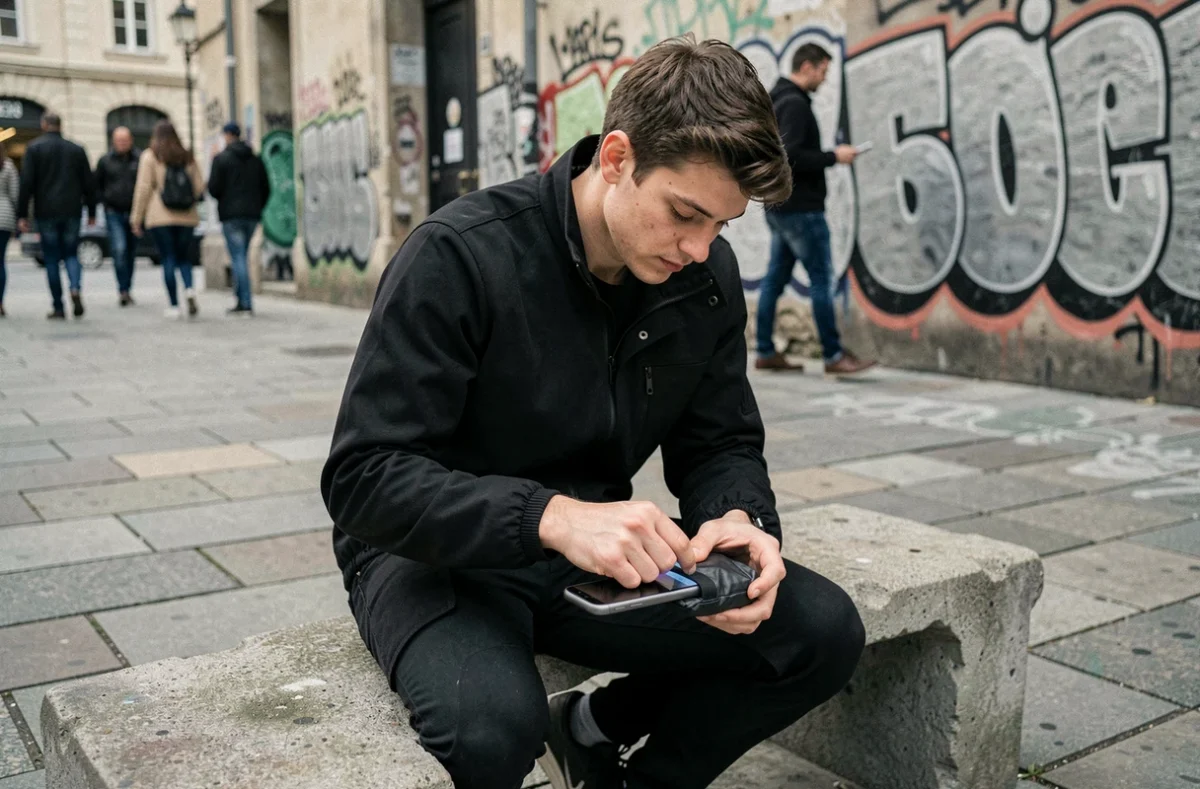 Jeune homme utilisant une pochette anti-signal pour rendre son téléphone introuvable en extérieur