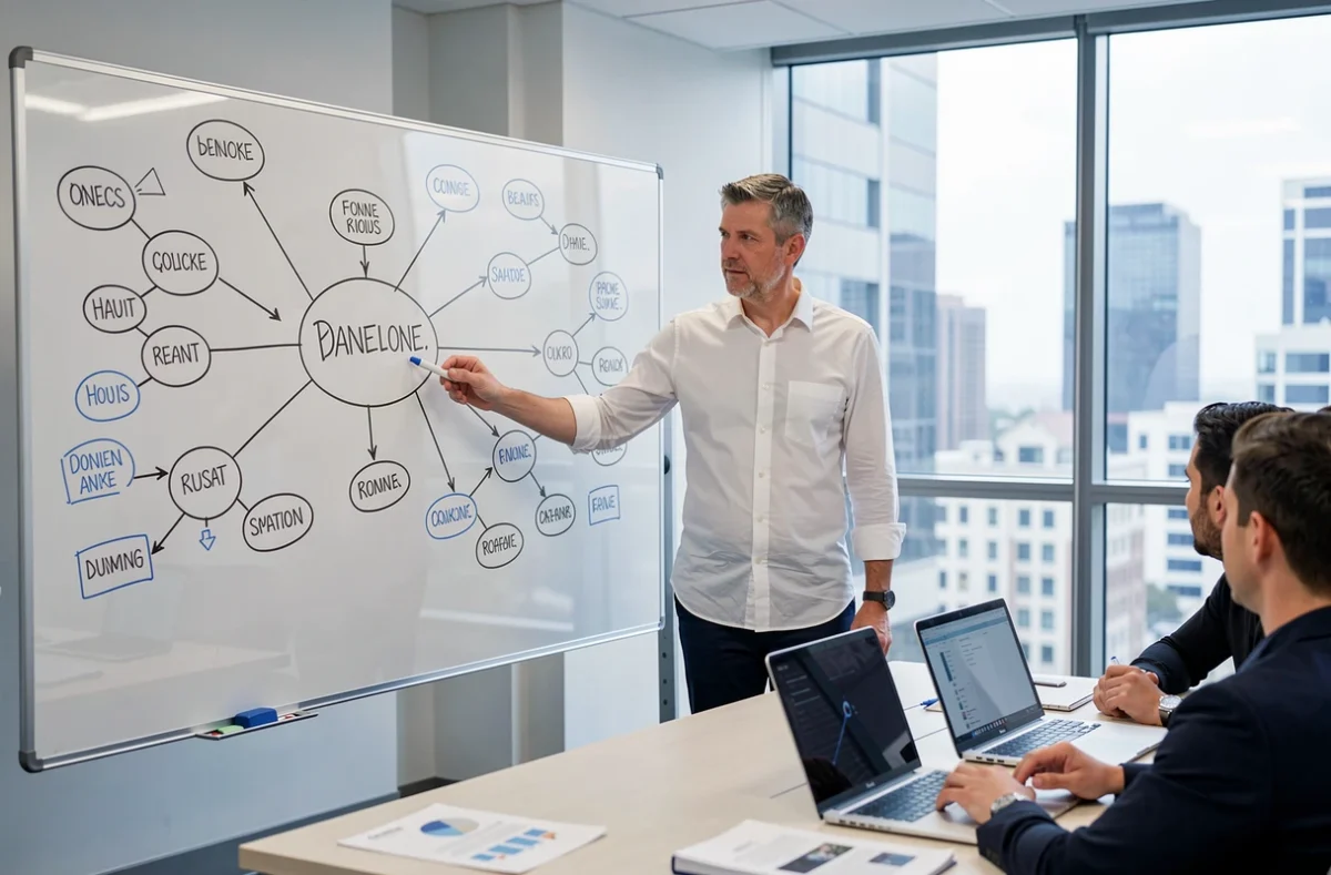 Consultant en référencement présentant une analyse sémantique sur tableau blanc devant une équipe dans une salle de réunion moderne