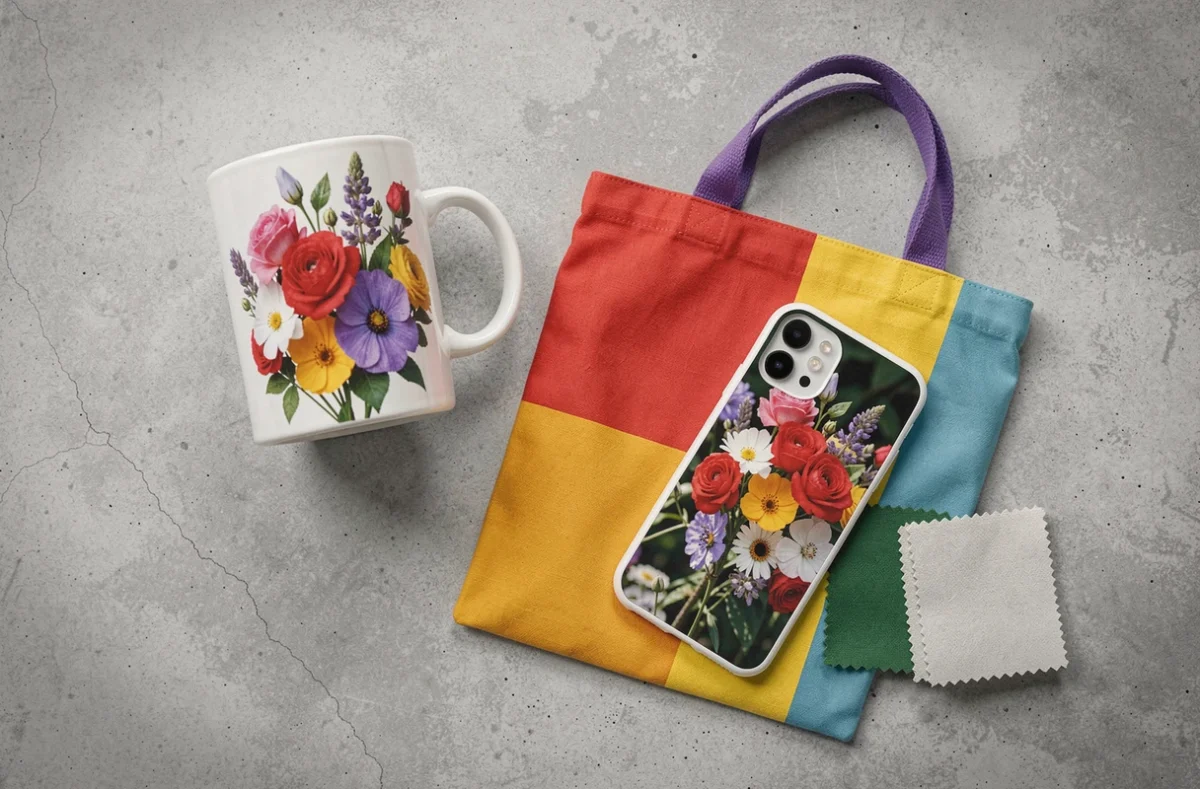 Flat-lay de produits imprimés par sublimation incluant mug, tote bag et étui pour téléphone sur béton gris