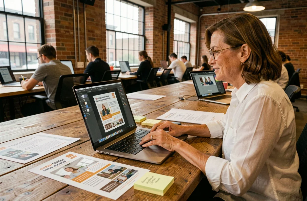 Professionnelle utilisant Adobe Photoshop sur MacBook Pro pour éditer un flyer dans un espace de coworking