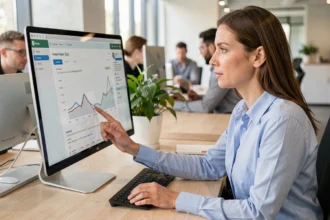 Professionnelle analysant une campagne d'e-mailing sur un écran d'ordinateur dans un bureau moderne
