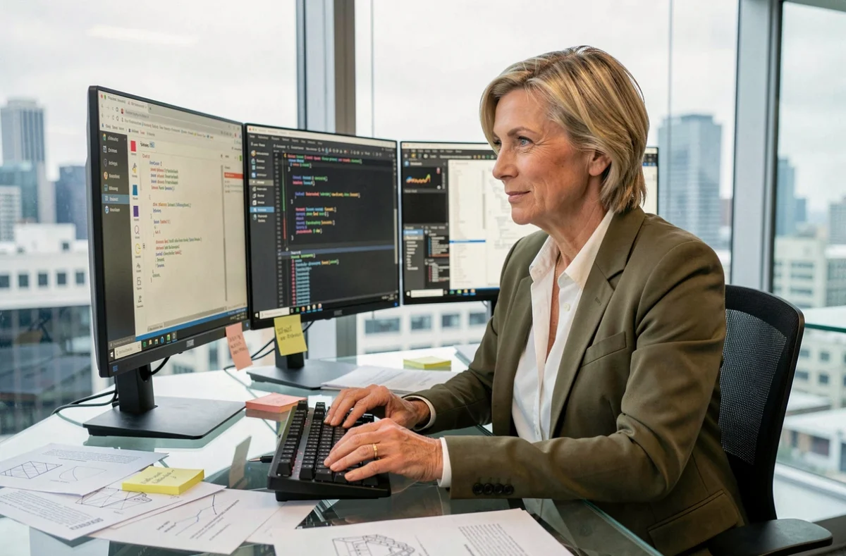 Professionnelle du web design travaillant sur plusieurs logiciels dans un bureau d'entreprise avec vue urbaine