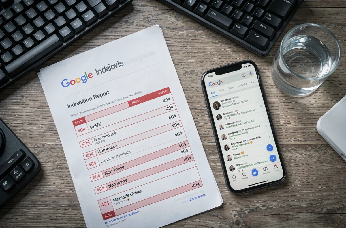 Vue aérienne d'un bureau avec rapport d'indexation Google montrant des erreurs 404 et un smartphone