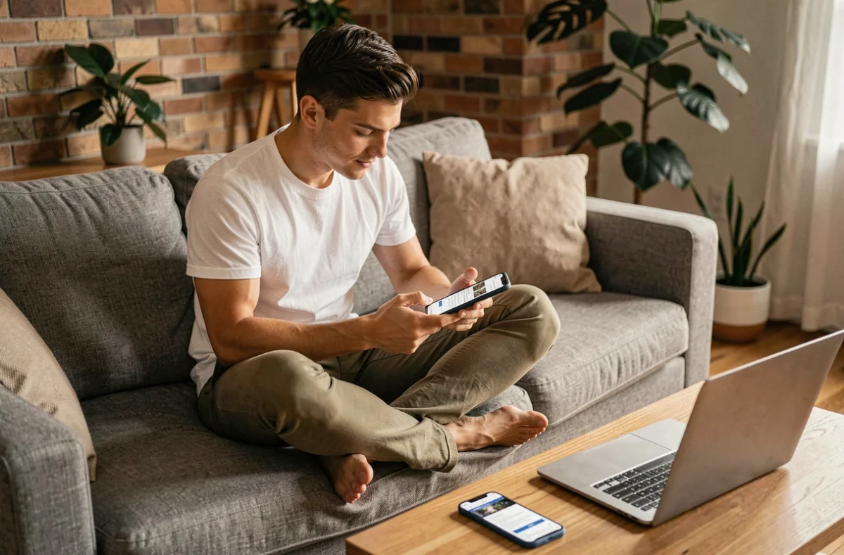 Jeune homme consultant des avis et comparatifs de smartphones sur canapé pour identifier la marque la plus fiable