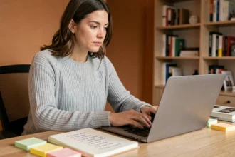 Femme analysant des mots clés sur un ordinateur portable dans un bureau à domicile avec des notes manuscrites