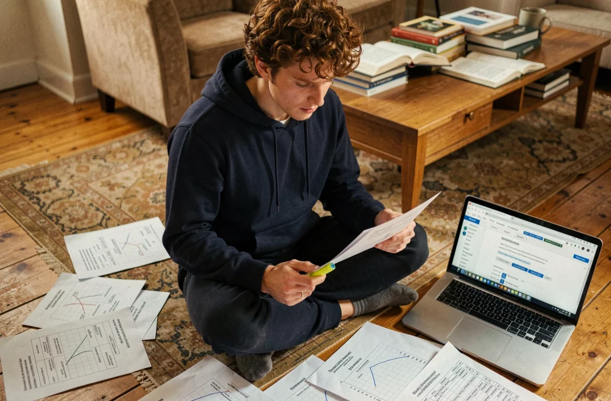 Jeune rédacteur web travaillant sur une analyse sémantique entouré de documents imprimés et de tableaux de mots-clés au sol
