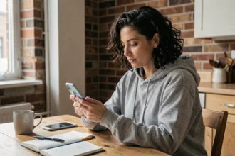 Femme réglant les paramètres de confidentialité de son smartphone pour le rendre introuvable