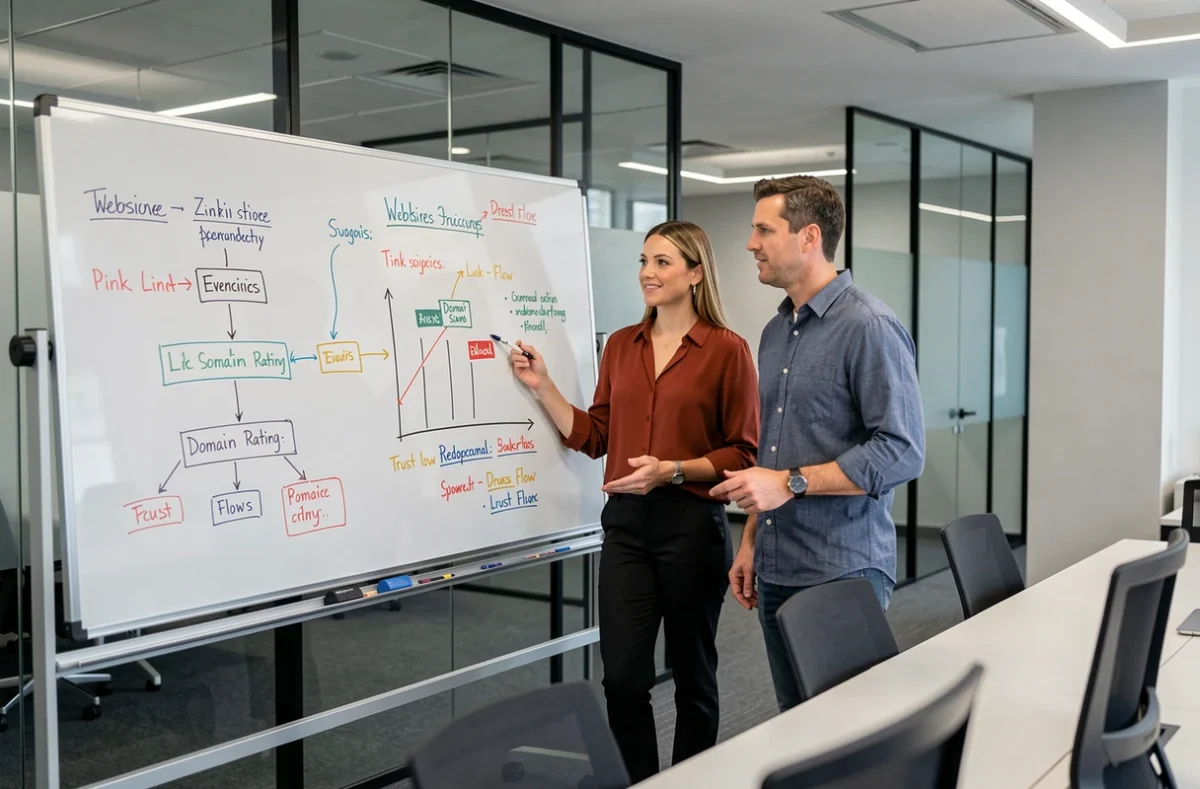 Deux professionnels discutant d'indicateurs de backlinks et de structure de liens devant un tableau blanc en salle de réunion