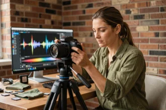 Femme réalisant le point de mise au point sur une caméra vidéo professionnelle dans un studio maison moderne
