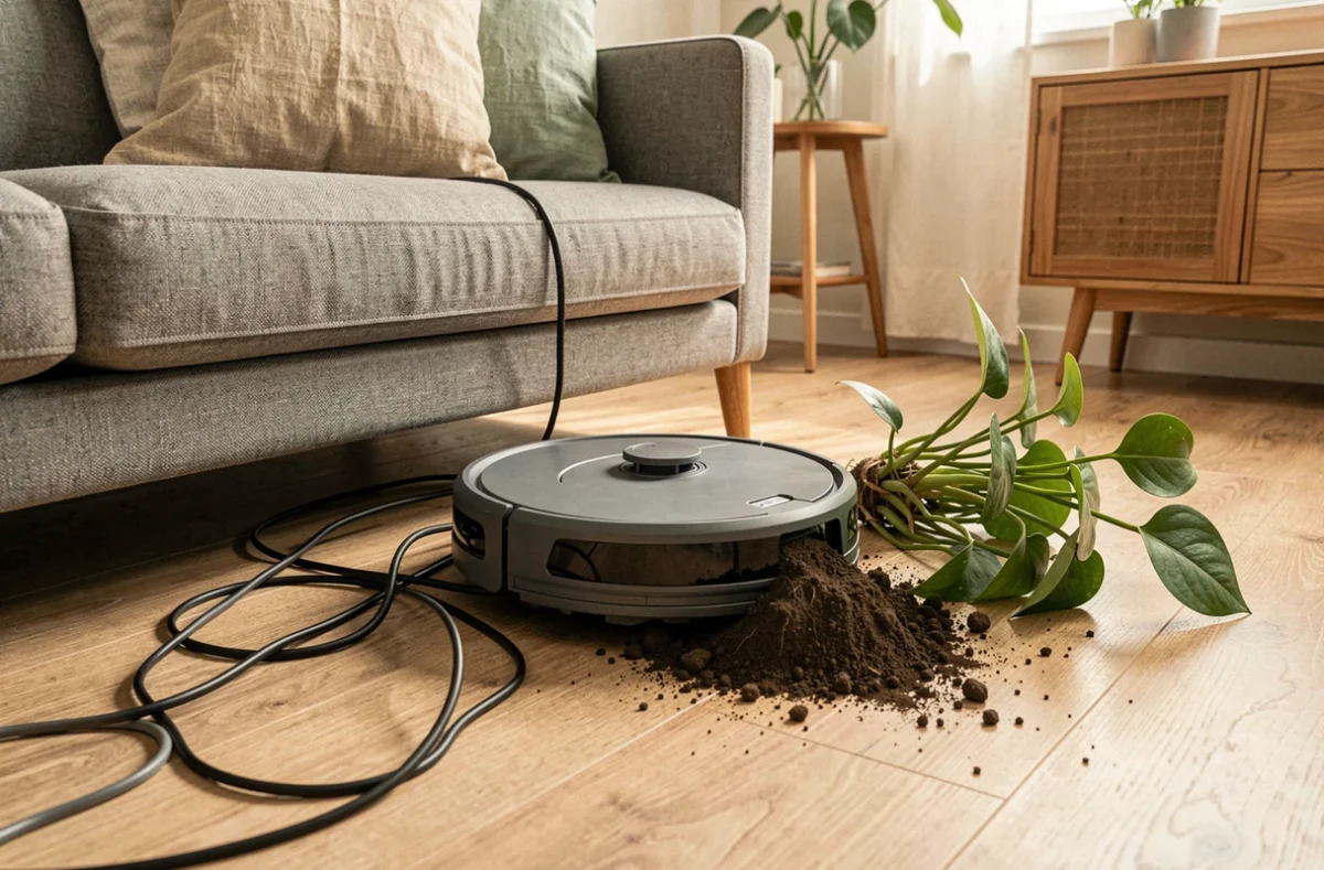 Robot aspirateur domestique bloqué dans un coin avec des câbles emmêlés et une plante renversée, illustrant les limites et défauts des robots à la maison