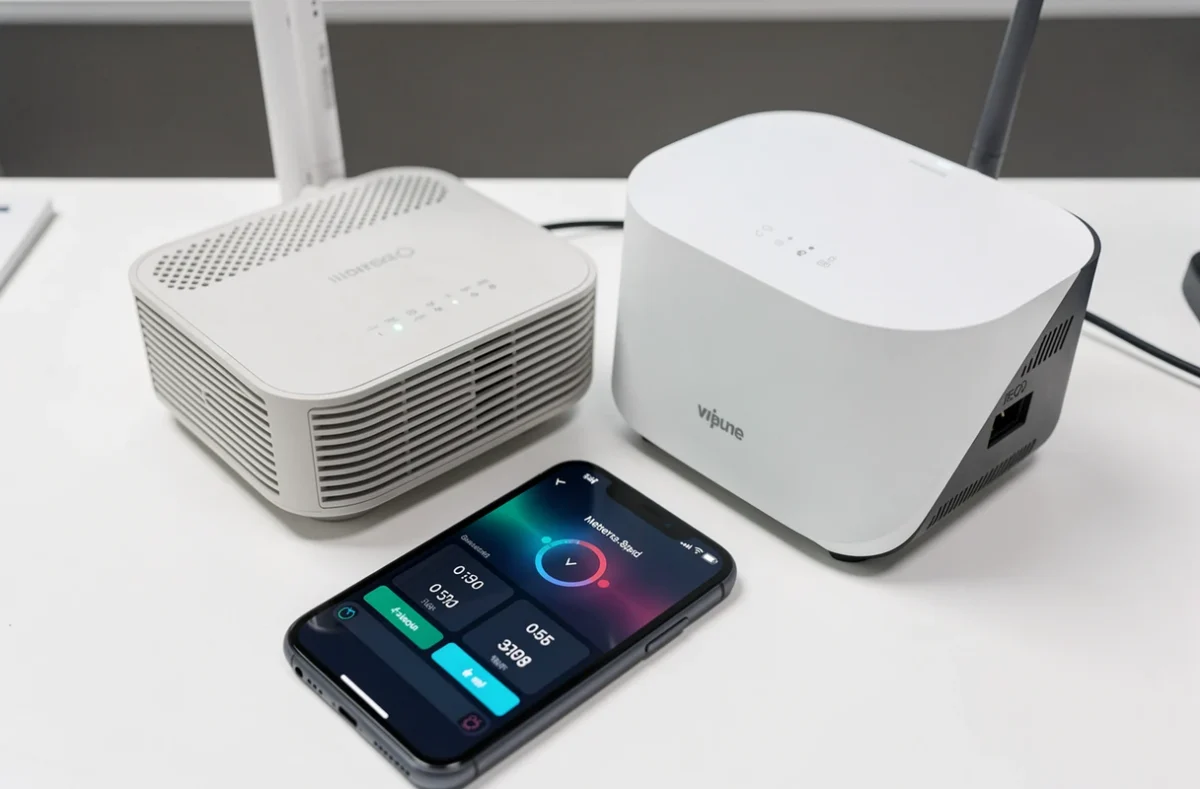 Deux routeurs Wi-Fi 6 et Wi-Fi 7 posés côte à côte avec un smartphone affichant une comparaison de vitesse réseau