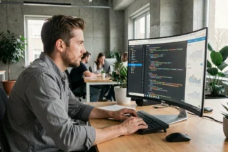 Développeur web masculin dans la trentaine analysant des données salariales sur un écran incurvé dans un bureau moderne