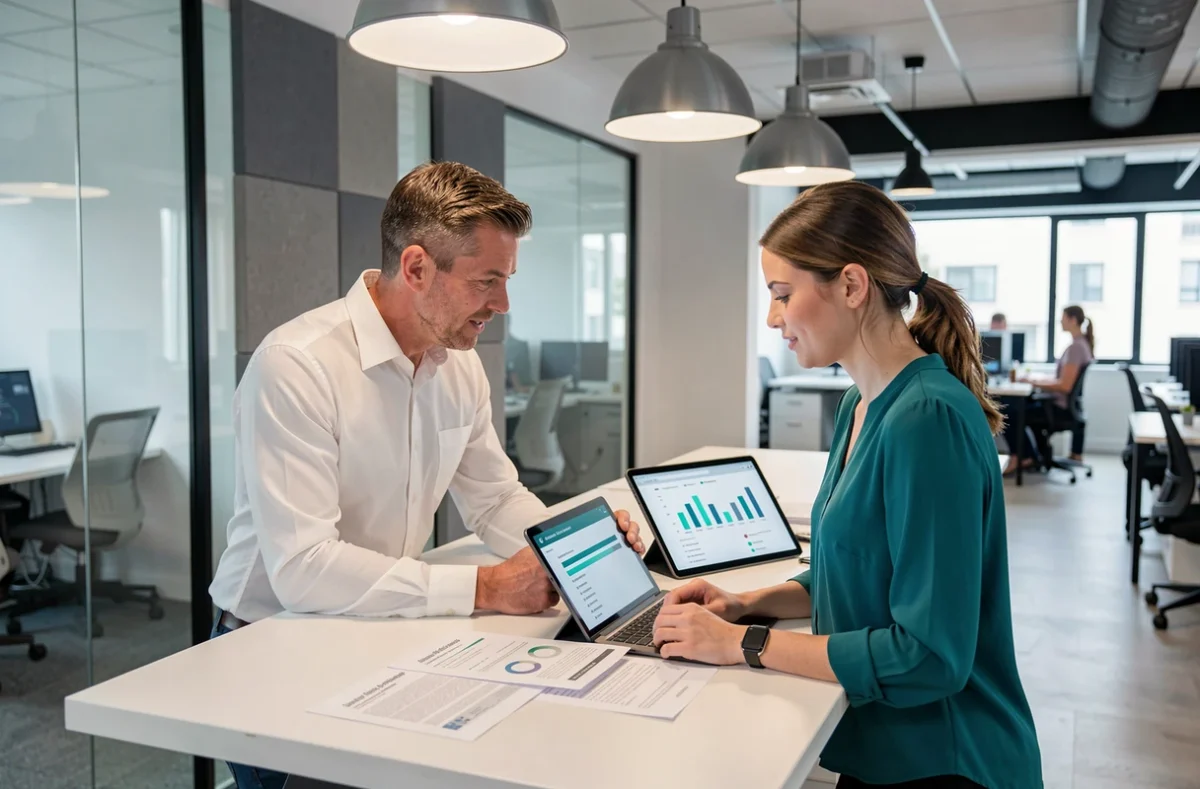 Deux professionnels du web discutant des salaires de créateurs de sites web dans un espace de coworking moderne