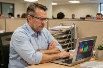 Salarié résistant à la transformation digitale dans un bureau d'entreprise, les bras croisés devant un ordinateur portable affichant un nouveau logiciel