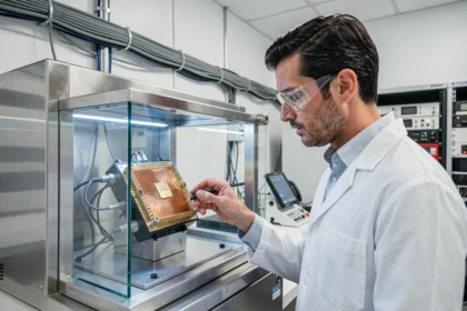 Scientifique examinant un processeur d'ordinateur quantique dans un laboratoire de recherche moderne