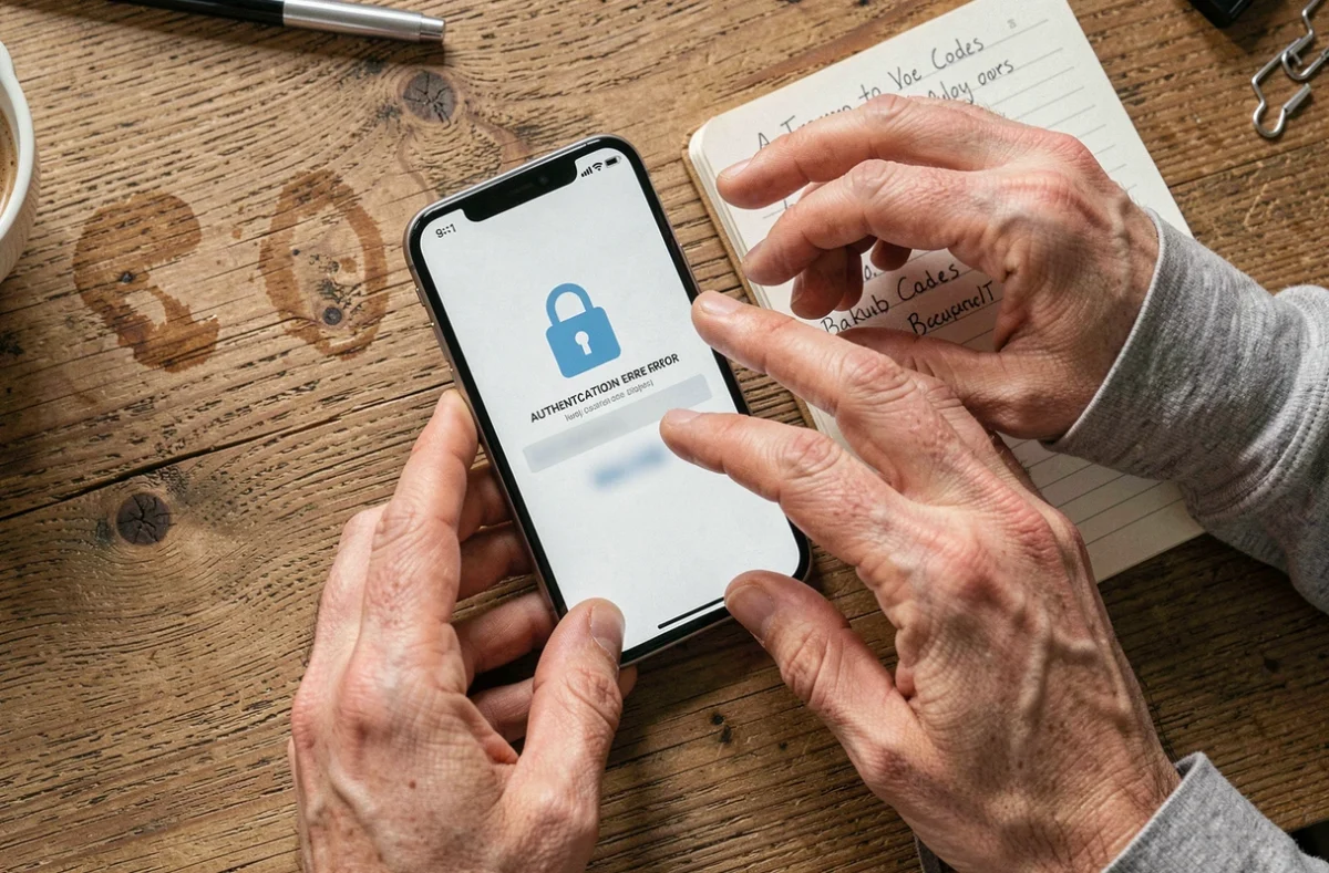 Vue de dessus d'un smartphone affichant une erreur d'authentification 2FA à côté d'un carnet de codes de secours